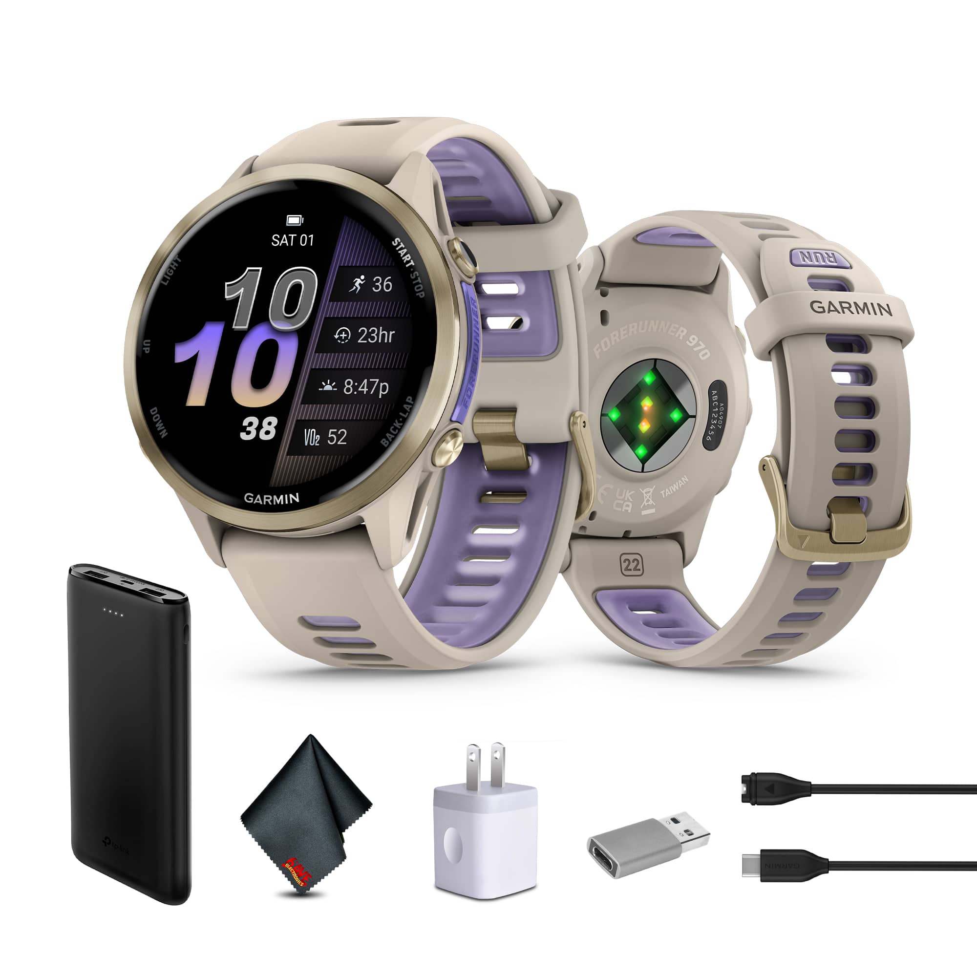 Garmin - Forerunner 970 Running Smartwatch, Soft Gold Titanium and French Gray/Translucent Indigo Band Bundle - Soft Gold Titanium - (2025)