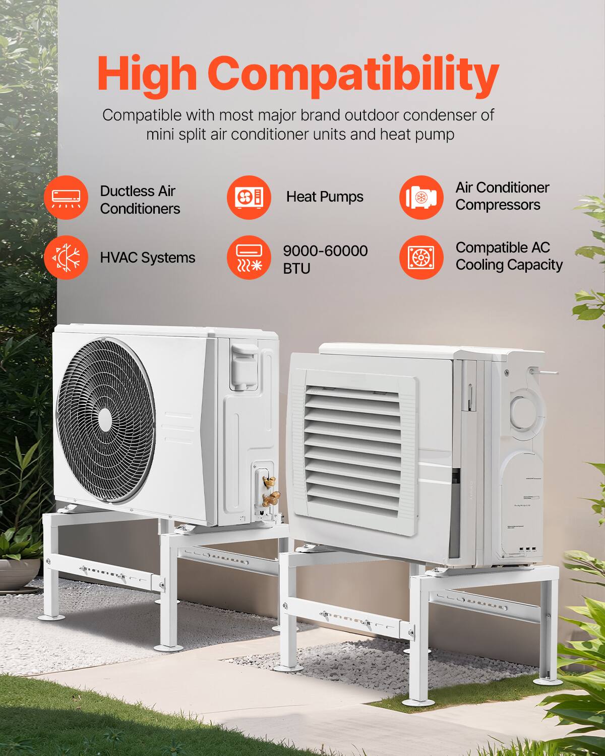 High Compatibility  
Compatible with most major brand outdoor condenser of mini split air conditioner units and heat pump  

- Ductless Air Conditioners  
- Heat Pumps  
- HVAC Systems  
- Air Conditioner Compressors  
- 9000-60000 BTU Compatible AC Cooling Capacity