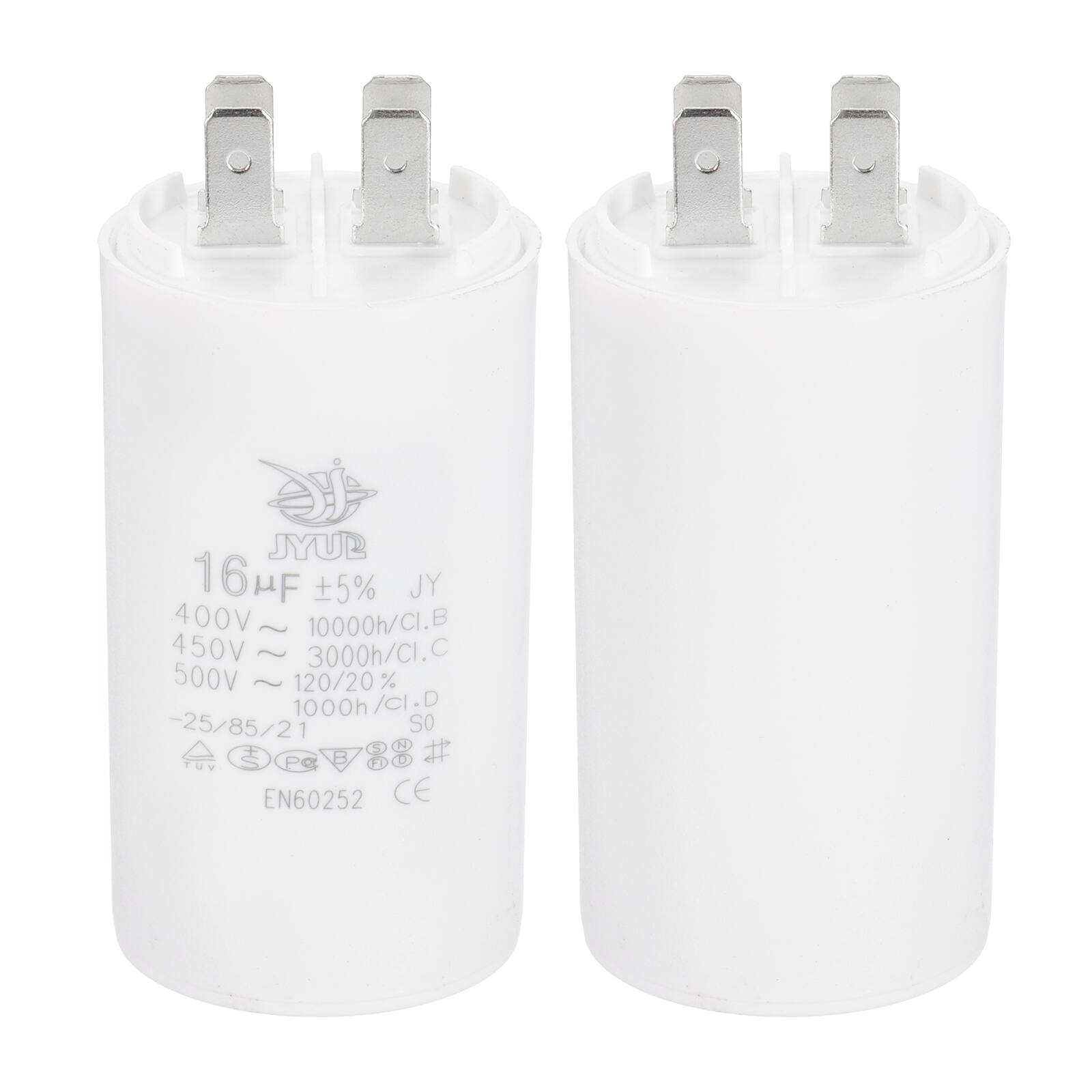 JYUB 16uF 5% JY  
400V ~ 10000h/Cl.B  
450V ~ 3000h/Cl.C  
500V ~ 120/20% 1000h/Cl.D  
-25/85/21 SO  
EN60252 CE