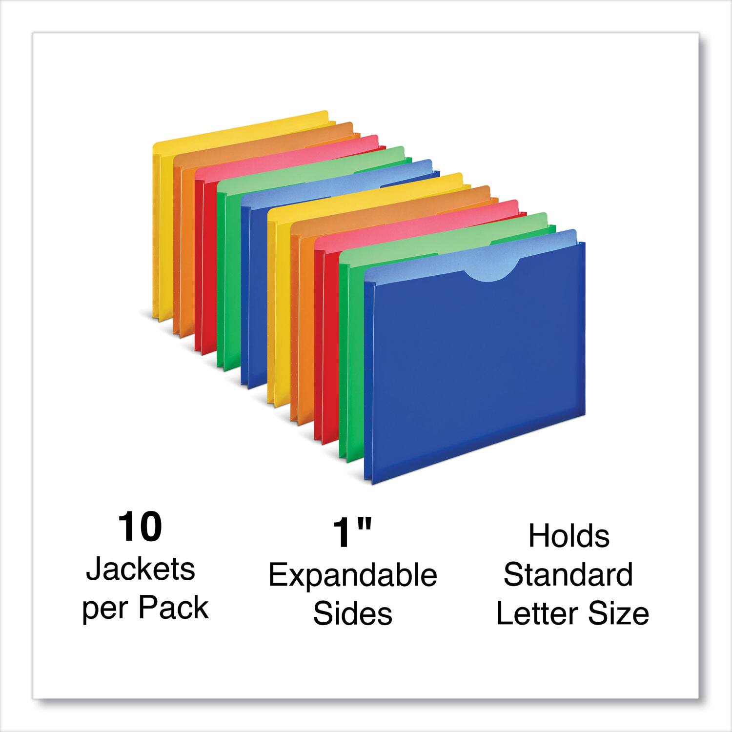 10 Jackets per Pack  
1" Expandable Sides  
Holds Standard Letter Size