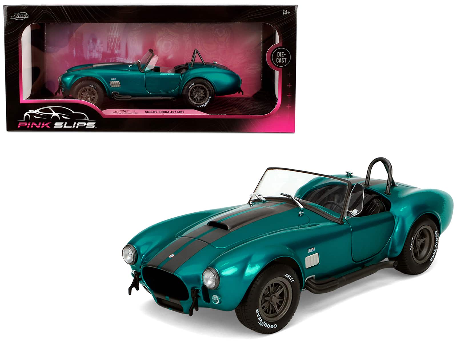 Shelby Cobra 427 MKII "Pink Slips" Series 1/18 Diecast Model Car by Jada - Teal Metallic with Gray Stripes