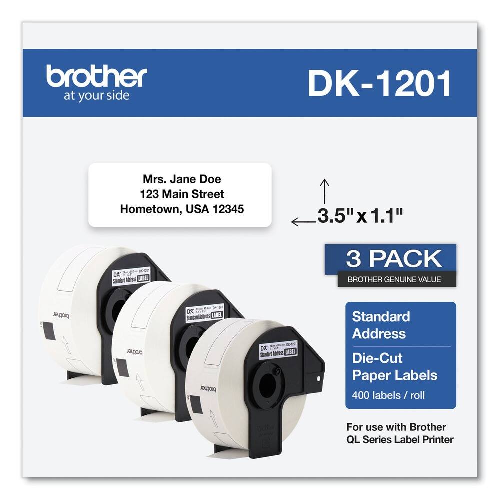 brother  
at your side  

DK-1201  

Mrs. Jane Doe  
123 Main Street  
Hometown, USA 12345  

3.5" x 1.1"  

3 PACK  
BROTHER GENUINE VALUE  

Standard Address  
Die-Cut  
Paper Labels  
400 labels / roll  

For use with Brother QL Series Label Printer