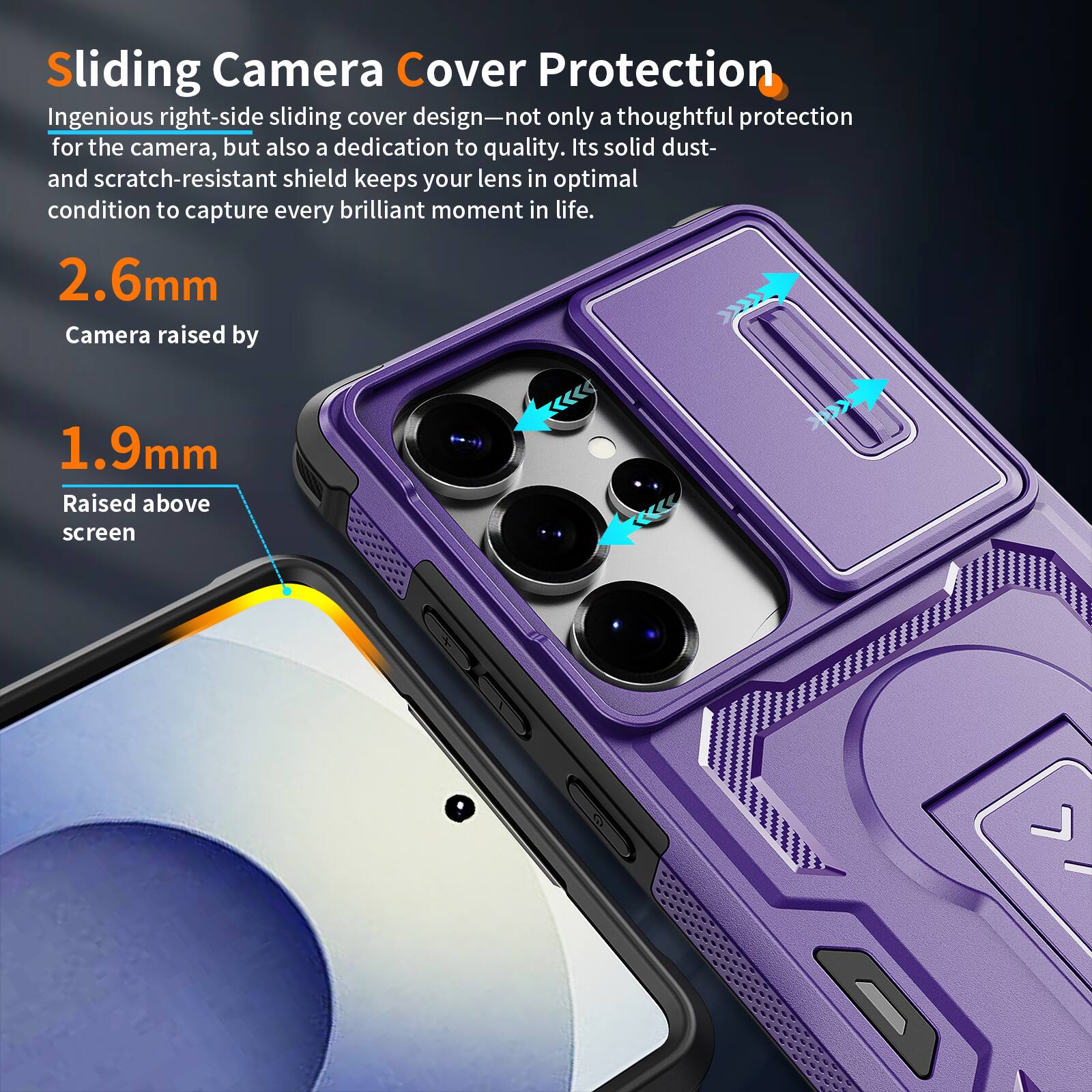 Sliding Camera Cover Protection

Ingenious right-side sliding cover design—not only a thoughtful protection for the camera, but also a dedication to quality. Its solid dust- and scratch-resistant shield keeps your lens in optimal condition to capture every brilliant moment in life.

2.6mm Camera raised by 1.9mm Raised above screen