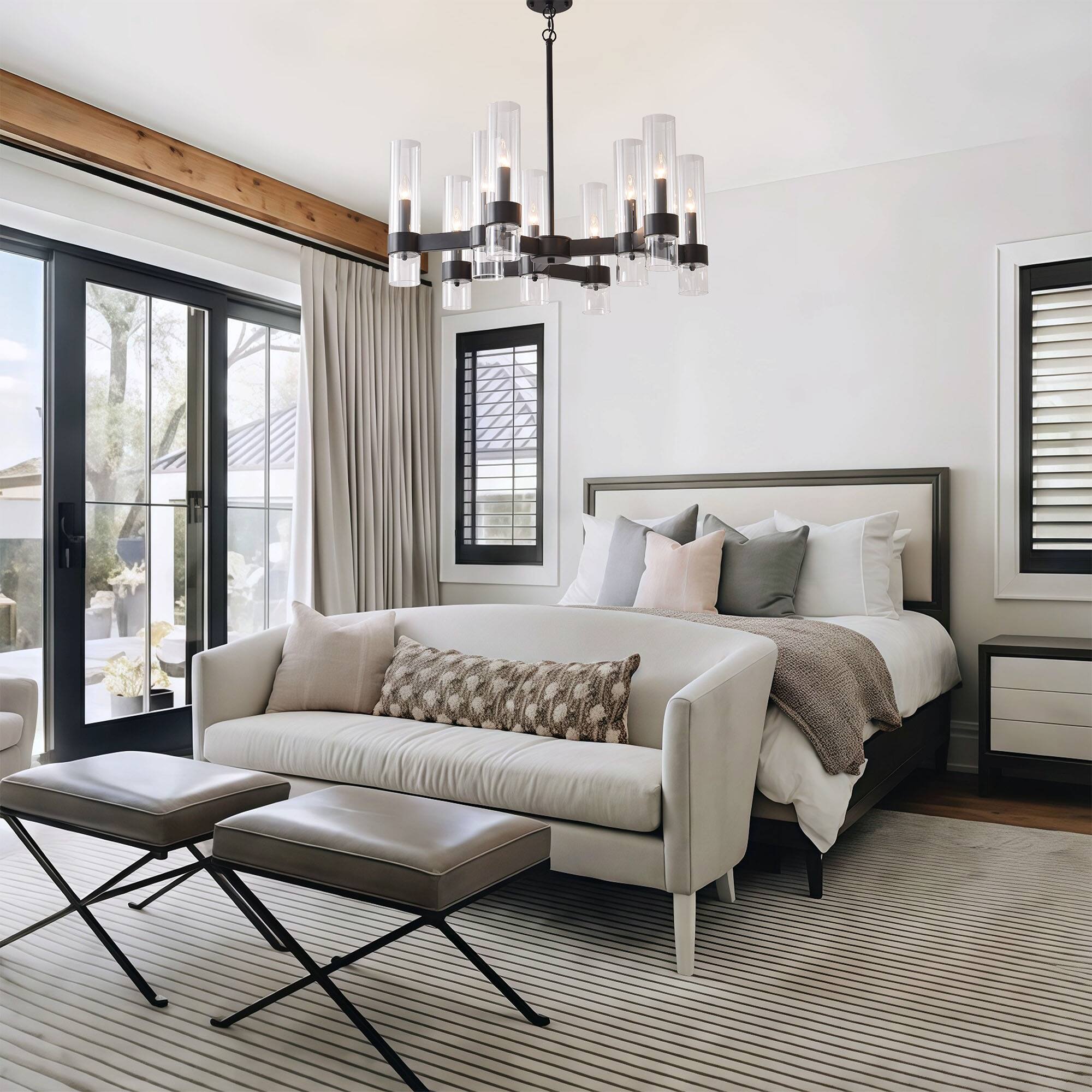 Back. RYHNUYNE - 9-Light Black Farmhouse Chandelier With Clear Cylinder Glass Shades, Modern Farmhouse Pendant Light For Dining Room - balck.
