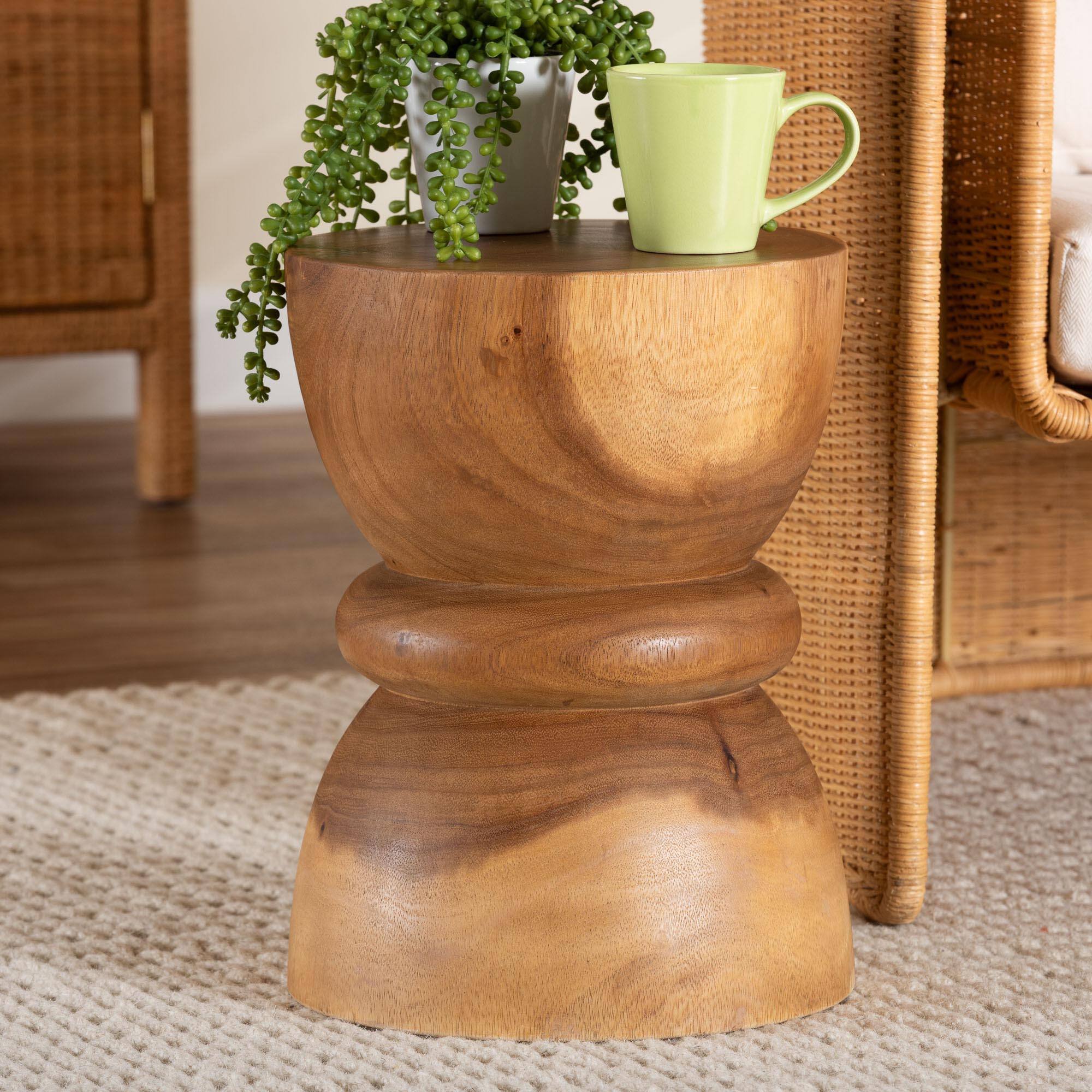 Alt View 2. bali & pari - Bancroft Solid Suar Wood Side Table - Handcrafted Sculptural End Table with Hourglass Design, Modern Boho Style - Natural Brown.