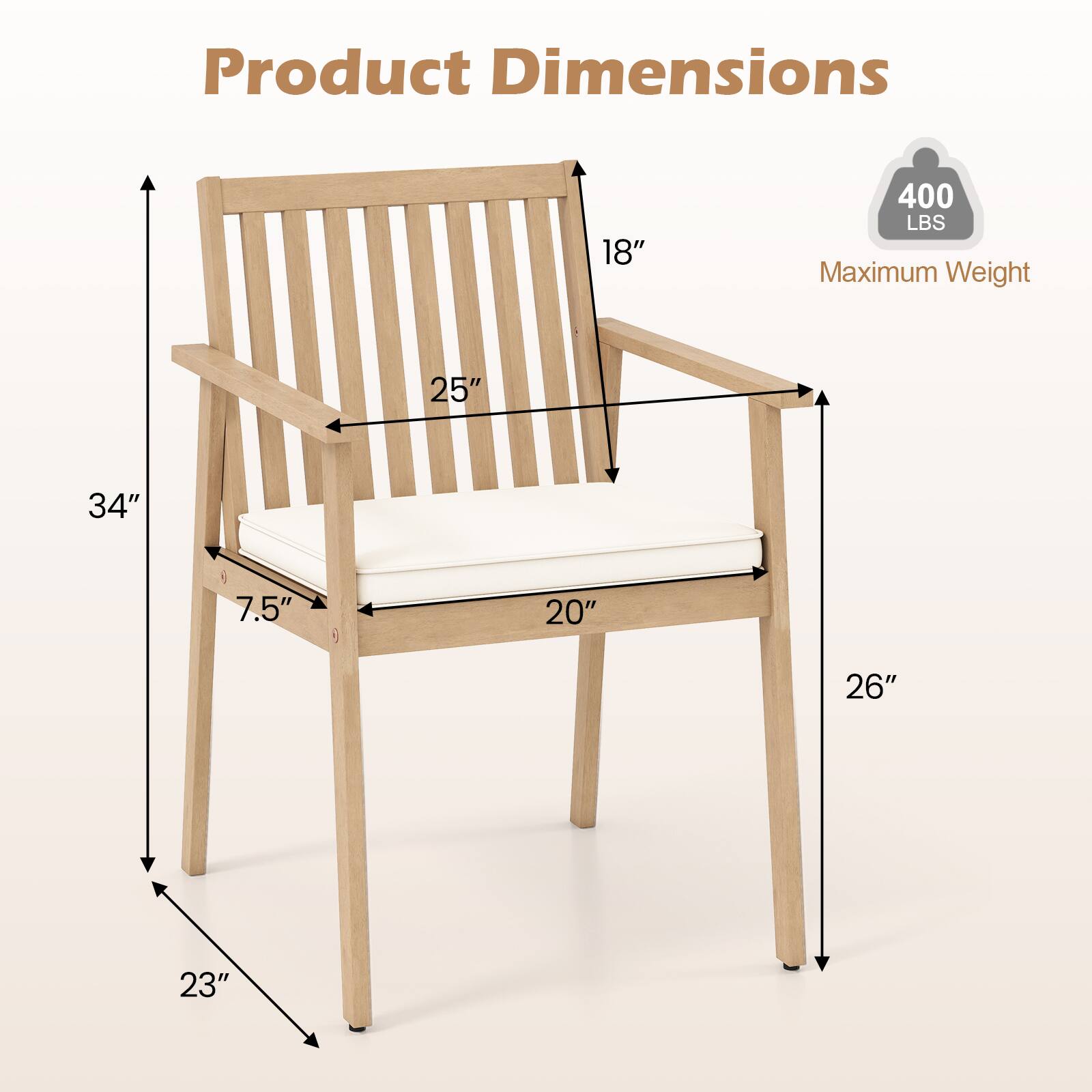 Product Dimensions

- Height: 34"
- Width: 26"
- Depth: 23"
- Seat Height: 18"
- Seat Width: 20"
- Back Height: 25"
- Armrest Height: 7.5"

Maximum Weight: 400 LBS