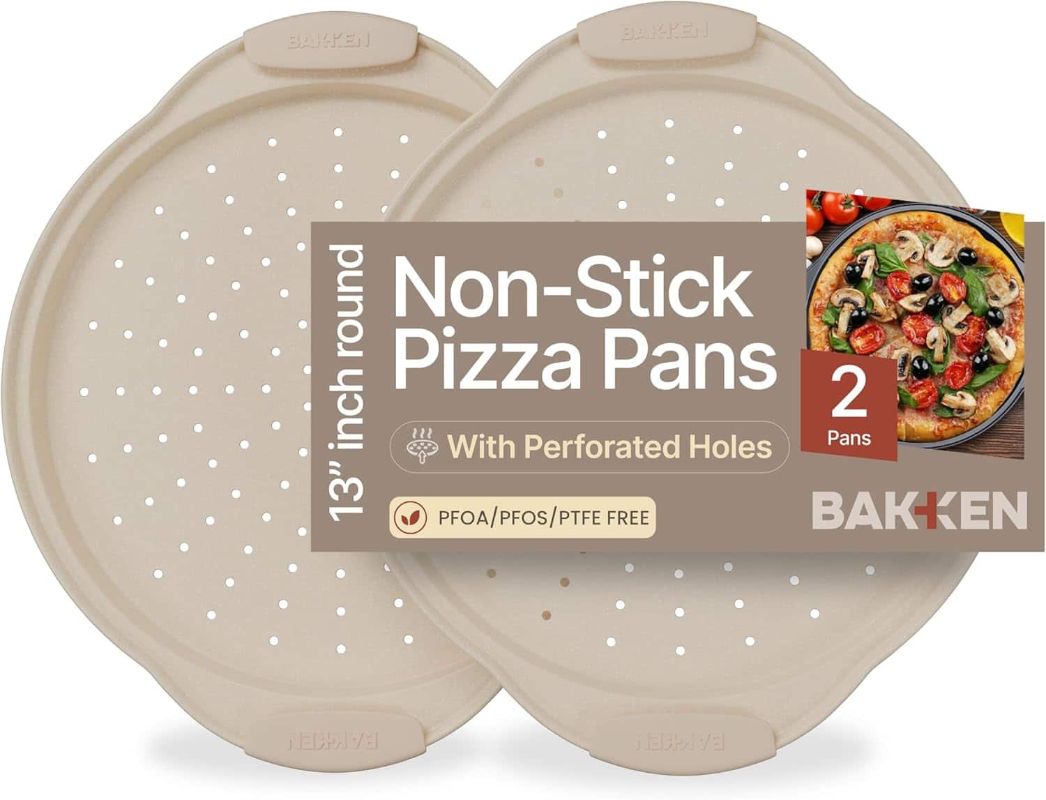 Bakken- Swiss - Bakken 2-Pack Round Perforated Pizza Pans – Non-Stick Marble Coating, Silicone Handles, Durable & Dishwasher Safe - White