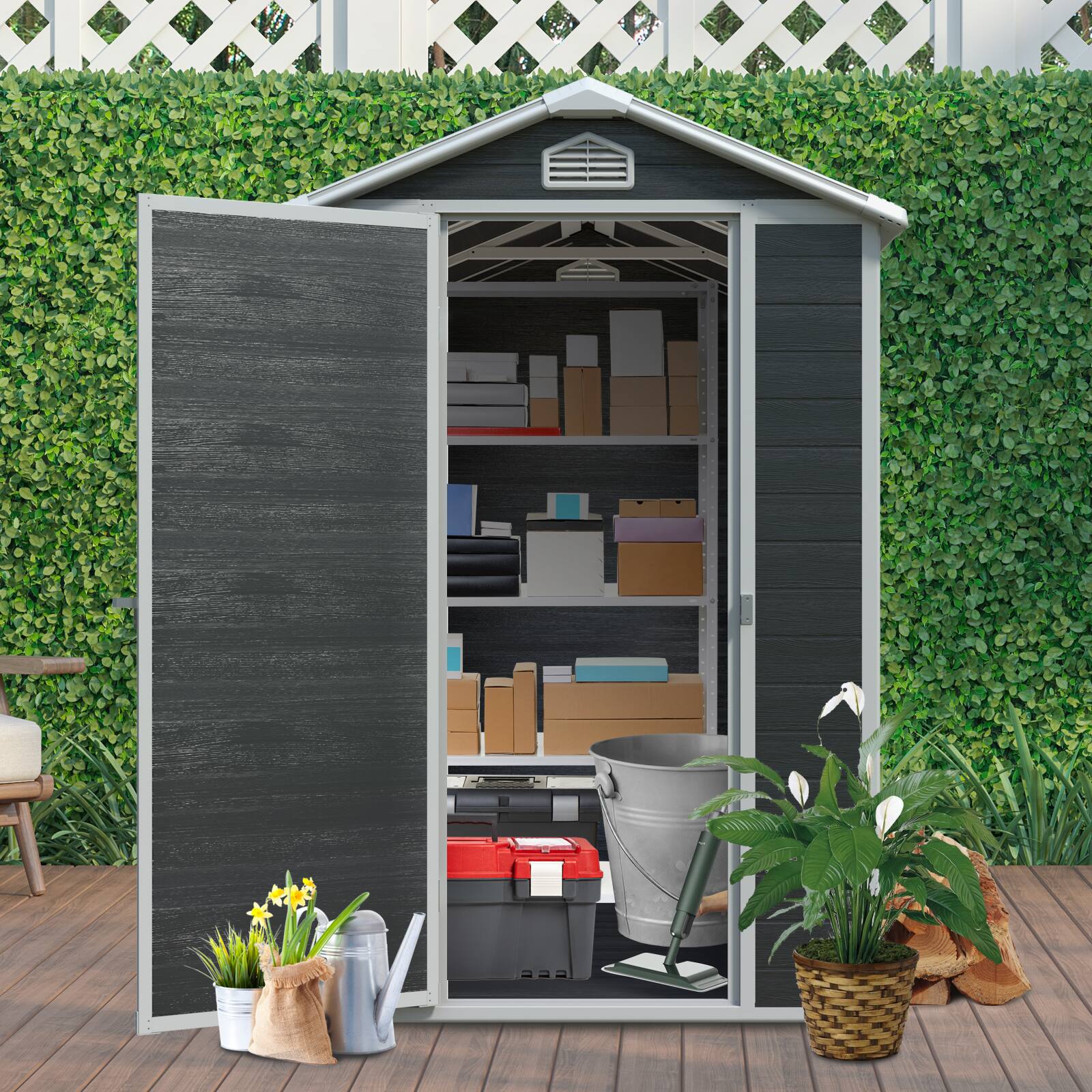 Left. Mondawe - 4x6ft Resin Outdoor Storage Shed - Black.
