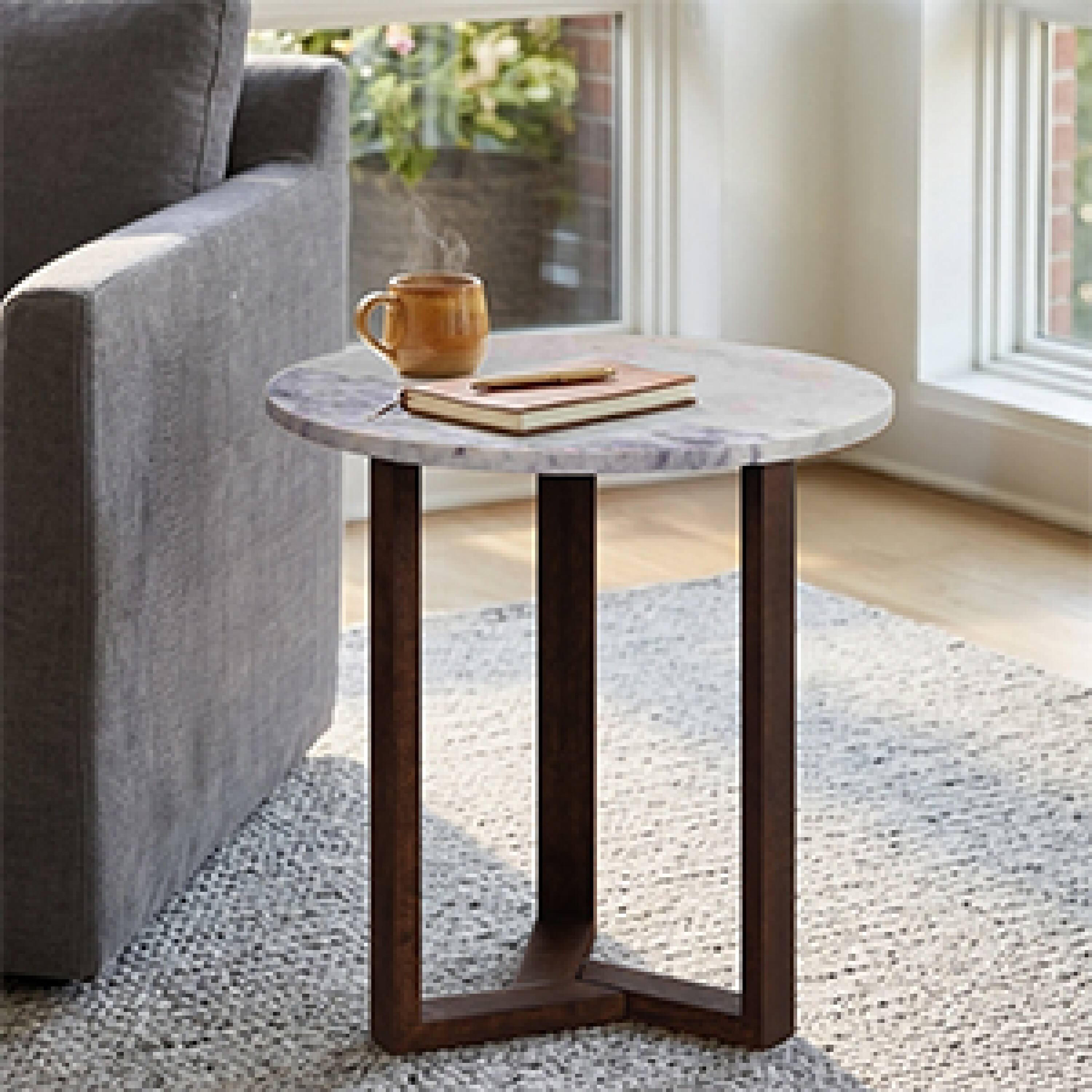 Alt View 9. Manhattan Lane - Fina 20 Inch Round Side End Table, White Genuine Marble Top, Natural Brown Mango Wood 3 Leg Sled Base - White, Natural Brown.