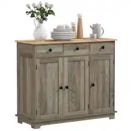 Homcom - Storage Cabinet, Sideboard Floor Cupboard with Solid Wood Top, Adjustable Shelf, and 3 Drawers - Distressed Gray