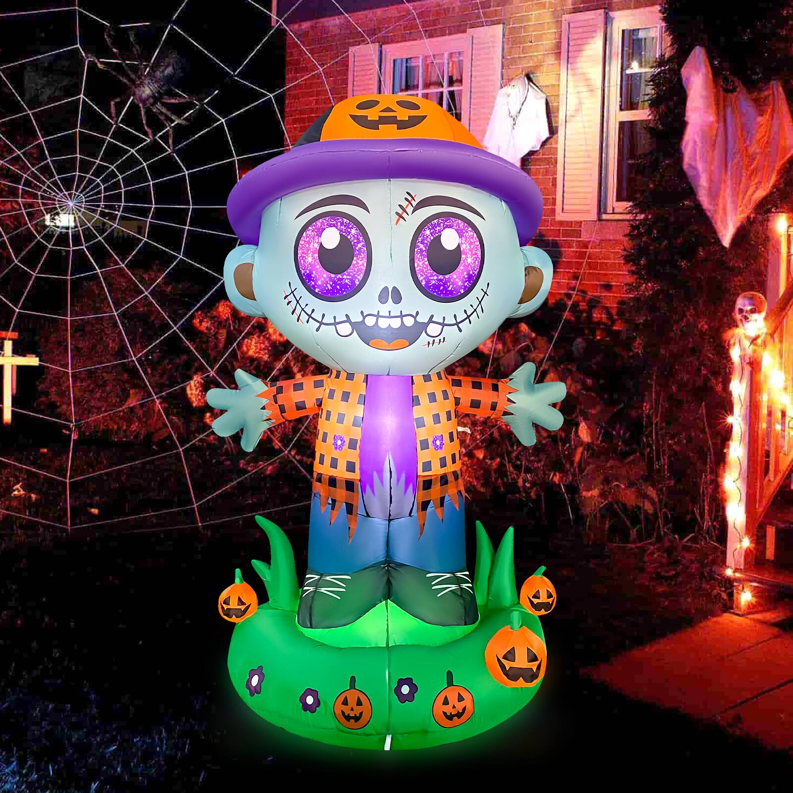 Angle. GOOSH Inflatables - GOOSH 5.2FT Inflatable Zombie with Pumpkin Hat – Light-Up Halloween Yard Decoration - Green.