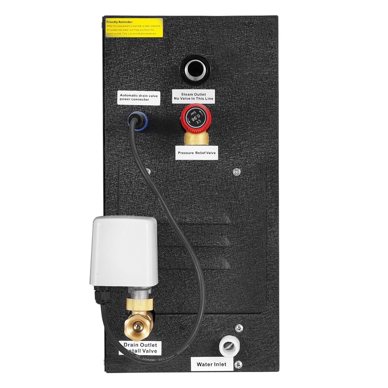Friendly Reminder: After this equipment is turned on, a small amount of condensate water will flow out. This is a normal phenomenon.

Automatic drain valve power connector

Steam Outlet No Valve In This Line

Pressure Relief Valve

Drain Outlet install Valve 3X0.5mm² traturate STITZEN

Water Inlet