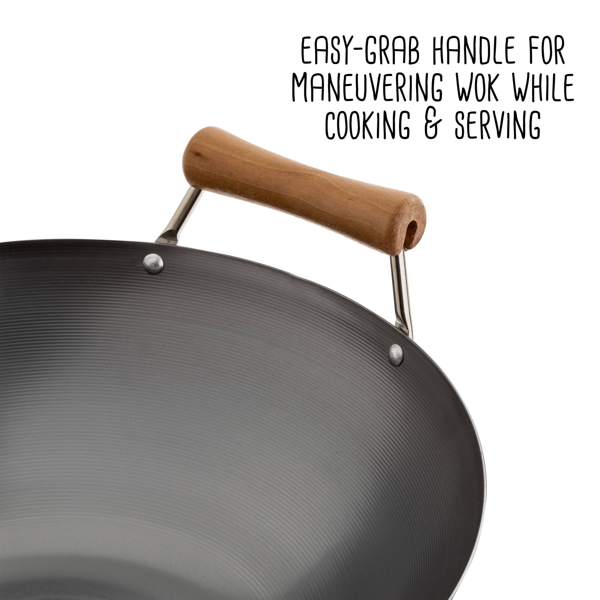 EASY-GRAB HANDLE FOR MANEUVERING WOK WHILE COOKING & SERVING