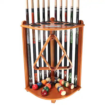 Front. GSE Games & Sports Expert - Wood 10 Corner Style Pool Cue Rack with Score Counter, Metal Hook, and Drink Holders - Oak - Oak.