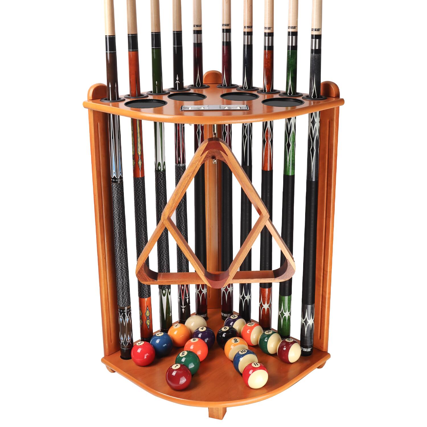 GSE Games & Sports Expert - Wood 10 Corner Style Pool Cue Rack with Score Counter, Metal Hook, and Drink Holders - Oak