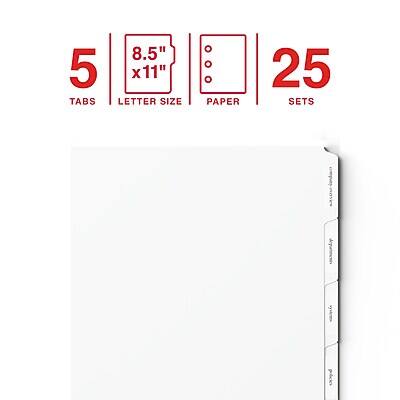 5 TABS  
8.5" x 11" LETTER SIZE PAPER  
25 SETS