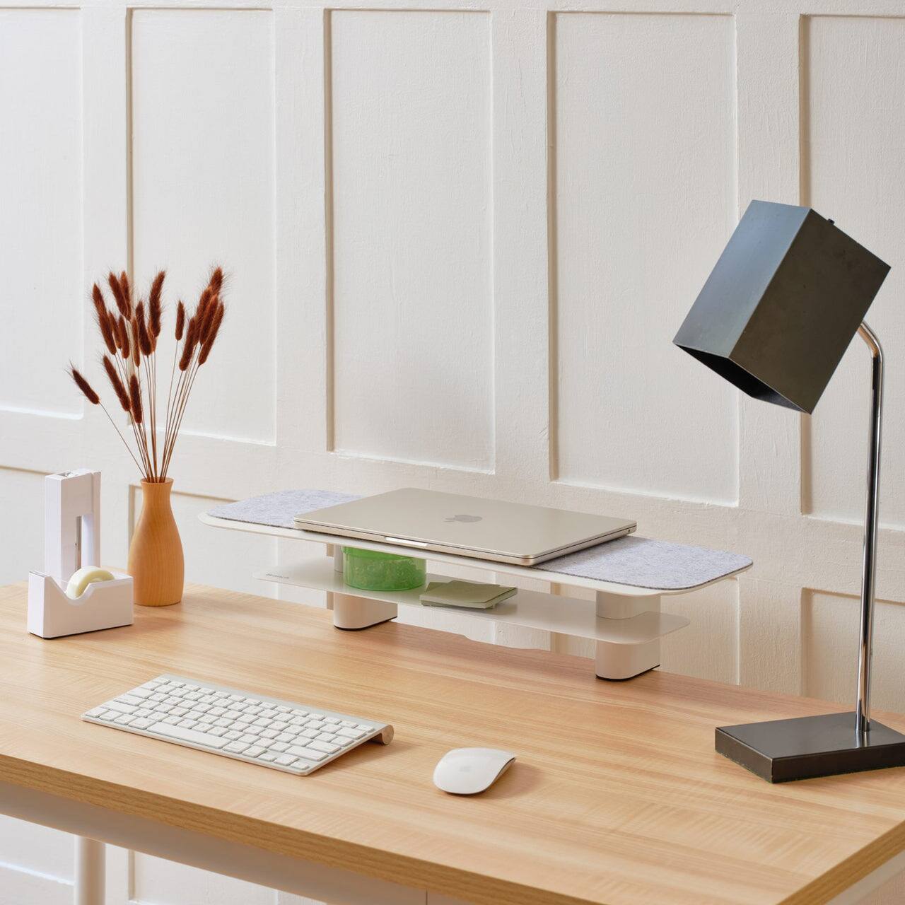 Back. Branch Furniture - Branch Small Monitor Stand – Sturdy Steel Stand with Elegant Felt Liner, Hidden Storage, and Universal Clamp - White.