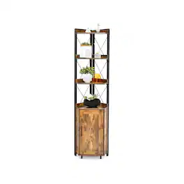Sugift - Tall Corner Storage Cabinet with 3-Tier Shelf and Enclosed Cabinet - Brown