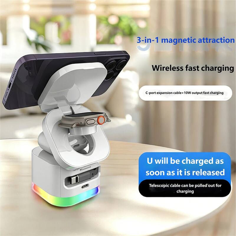 3-in-1 magnetic attraction  
Wireless fast charging  
C-port expansion cable + 10W output fast charging  
U will be charged as soon as it is released  
Telescopic cable can be pulled out for charging