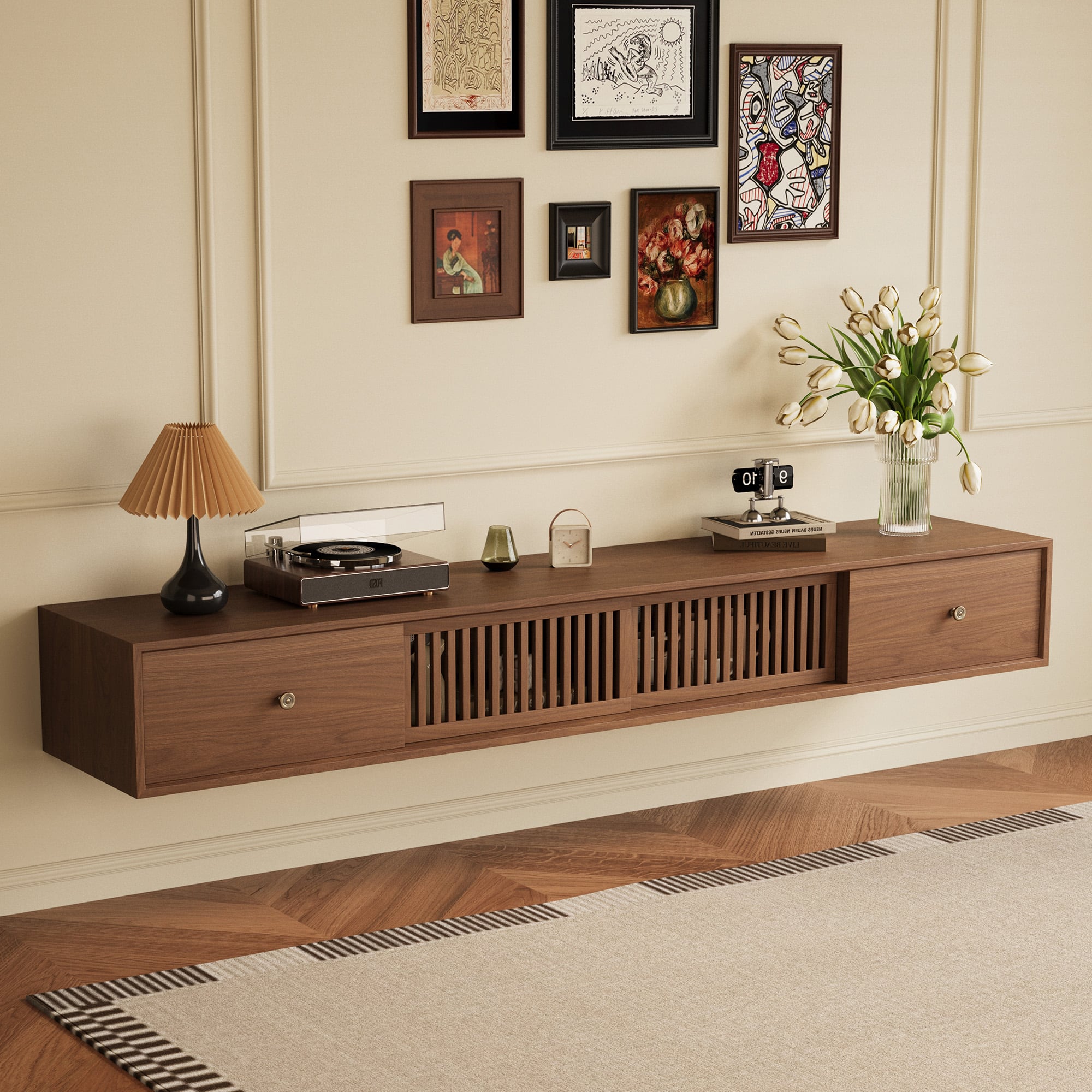 luck idea - 78.7" TV Stand, Floating Media Console with Grid Sliding Doors & Double Storage Drawers - Walnut Color