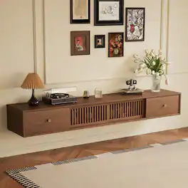 luck idea - 78.7" TV Stand, Floating Media Console with Grid Sliding Doors & Double Storage Drawers - Walnut Color