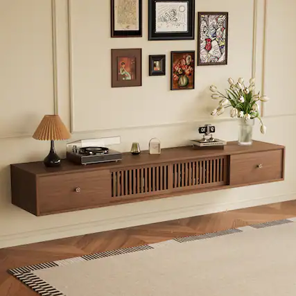 Front. luck idea - 78.7" TV Stand, Floating Media Console with Grid Sliding Doors & Double Storage Drawers - Walnut Color.