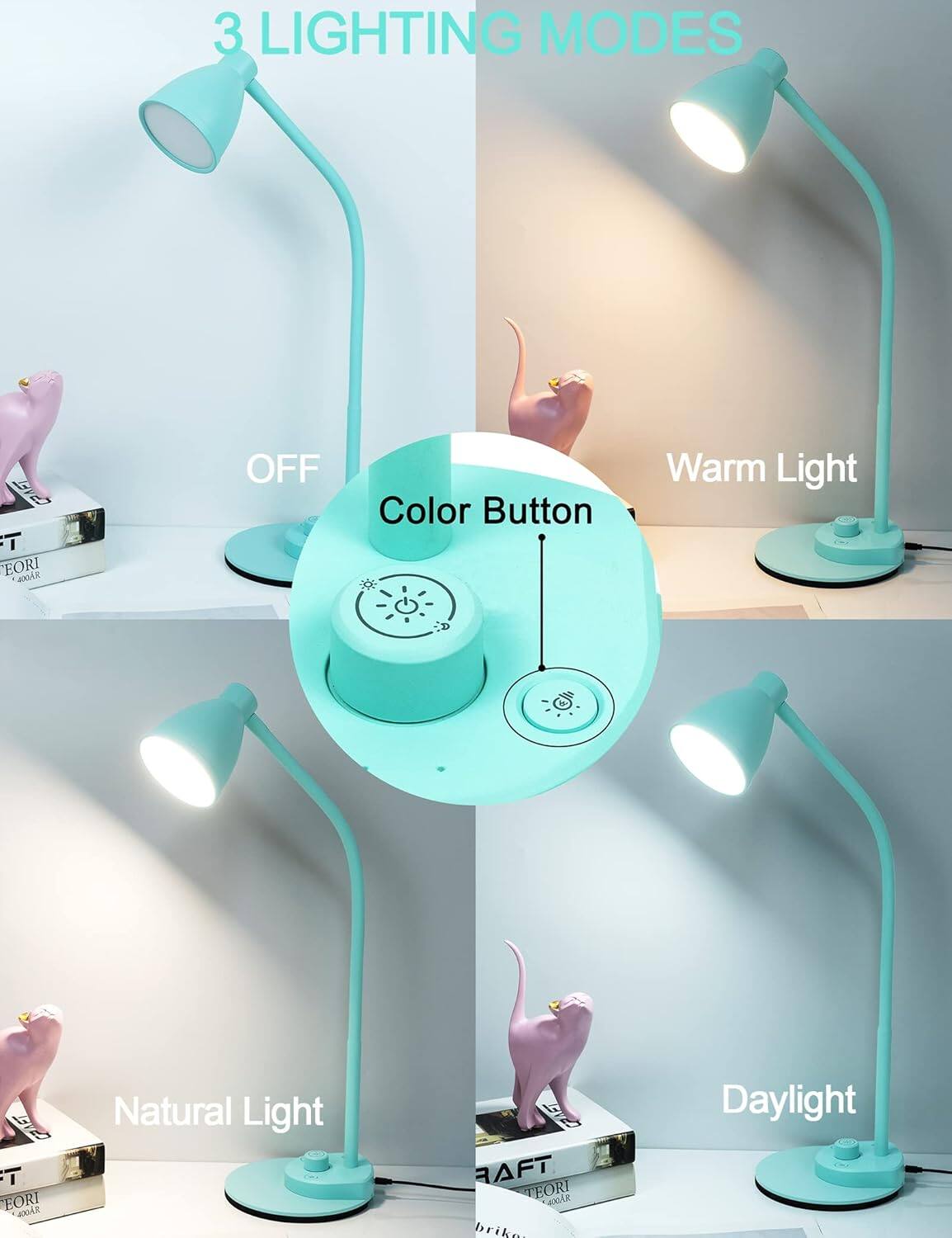 3 LIGHTING MODES

- OFF
- Warm Light
- Natural Light
- Daylight

Color Button