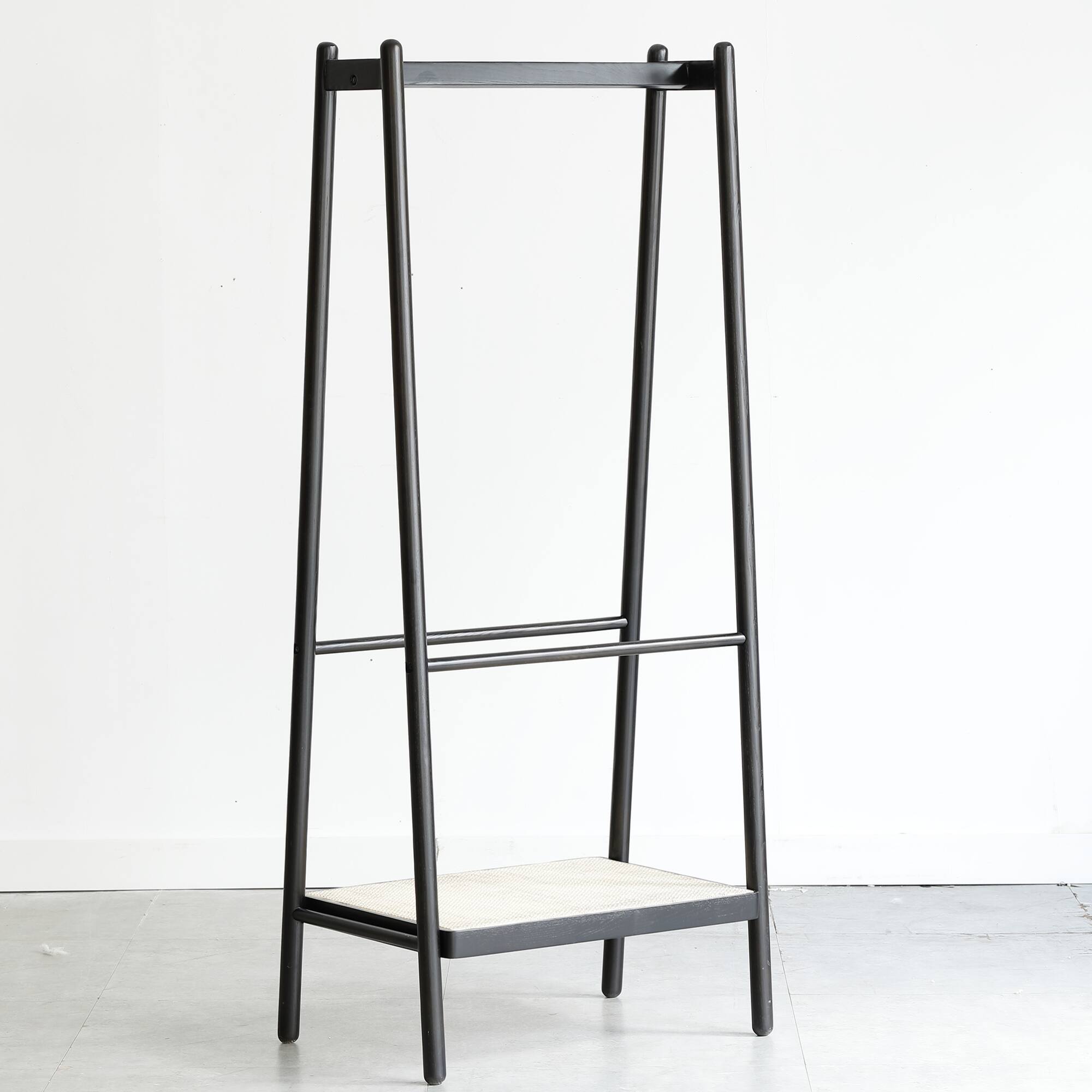 Left. GOODSILO - Solid Wood Garment Rack with Shelves and Rattan Details, Freestanding Clothes Hanging Storage Organizer - Black.