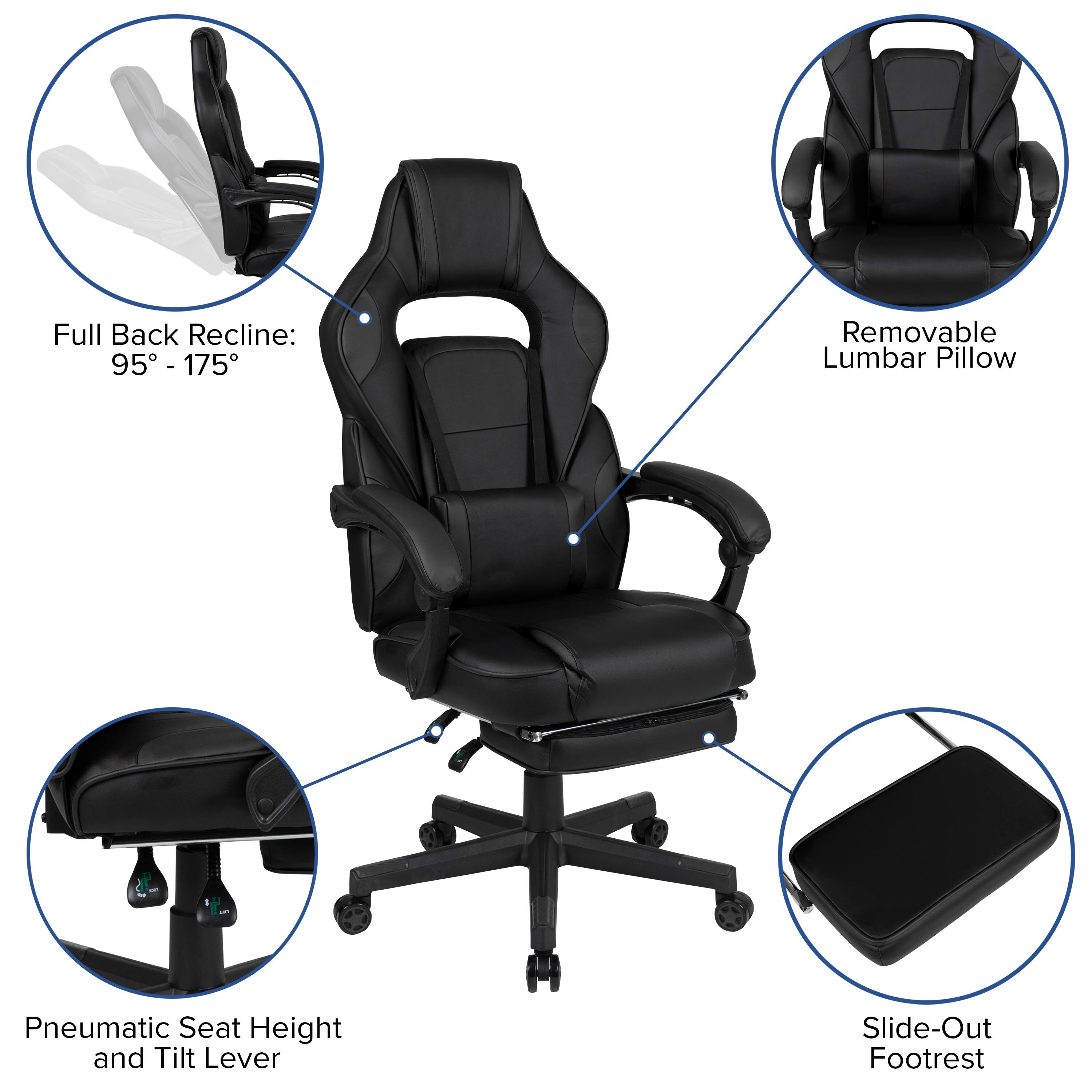 Full Back Recline: 95° - 175°  
Removable Lumbar Pillow  
Pneumatic Seat Height and Tilt Lever  
Slide-Out Footrest