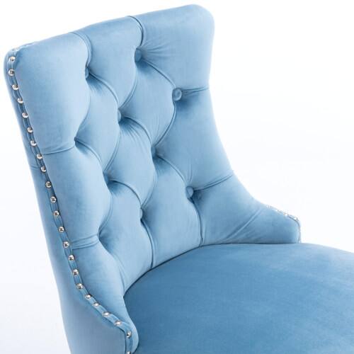 Alt View 4. LUCKY ONE - Assembled Velvet Bar Stool Set of 2 with Button Tufted Wood Legs Chrome Nailhead Trim - Light Blue.