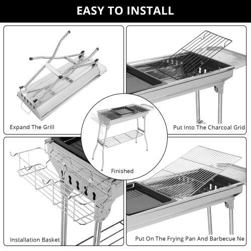 EASY TO INSTALL

Expand The Grill

Put Into The Charcoal Grid

Finished

Installation Basket

Put On The Frying Pan And Barbecue Net