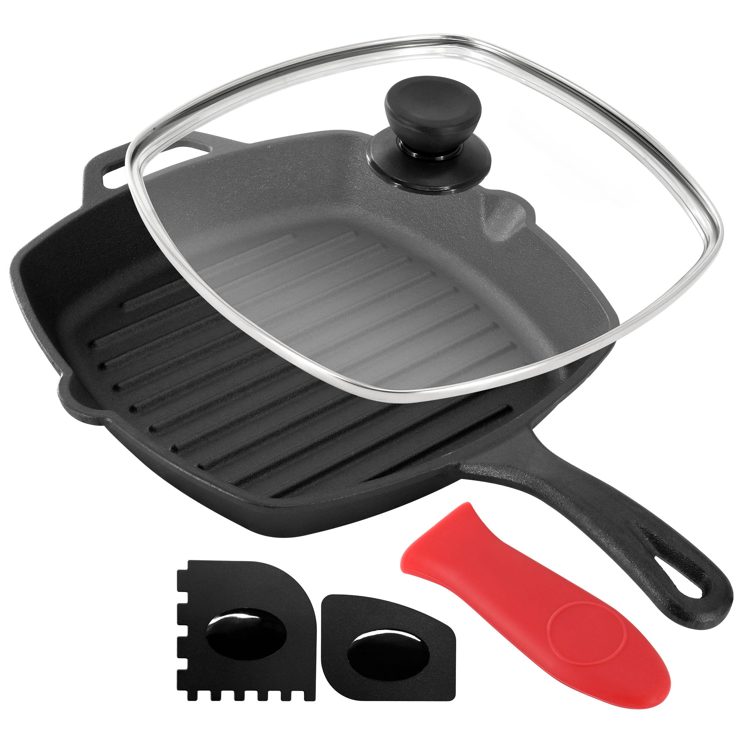 Alt View 1. MegaChef - MegaChef 10.4 Inch Pre-Seasoned Cast Iron Griddle with Tempered Glass Lid - Black and Red.