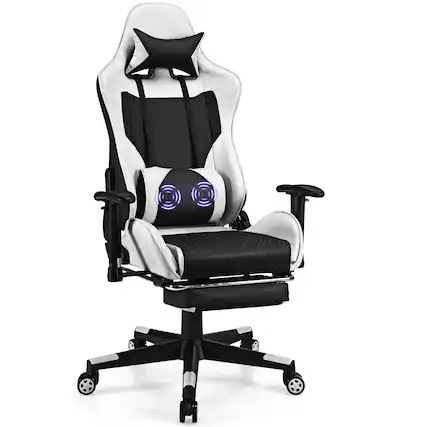 Front. Costway - Massage Gaming Chair Reclining Office Chair with Footrest - White + Black.