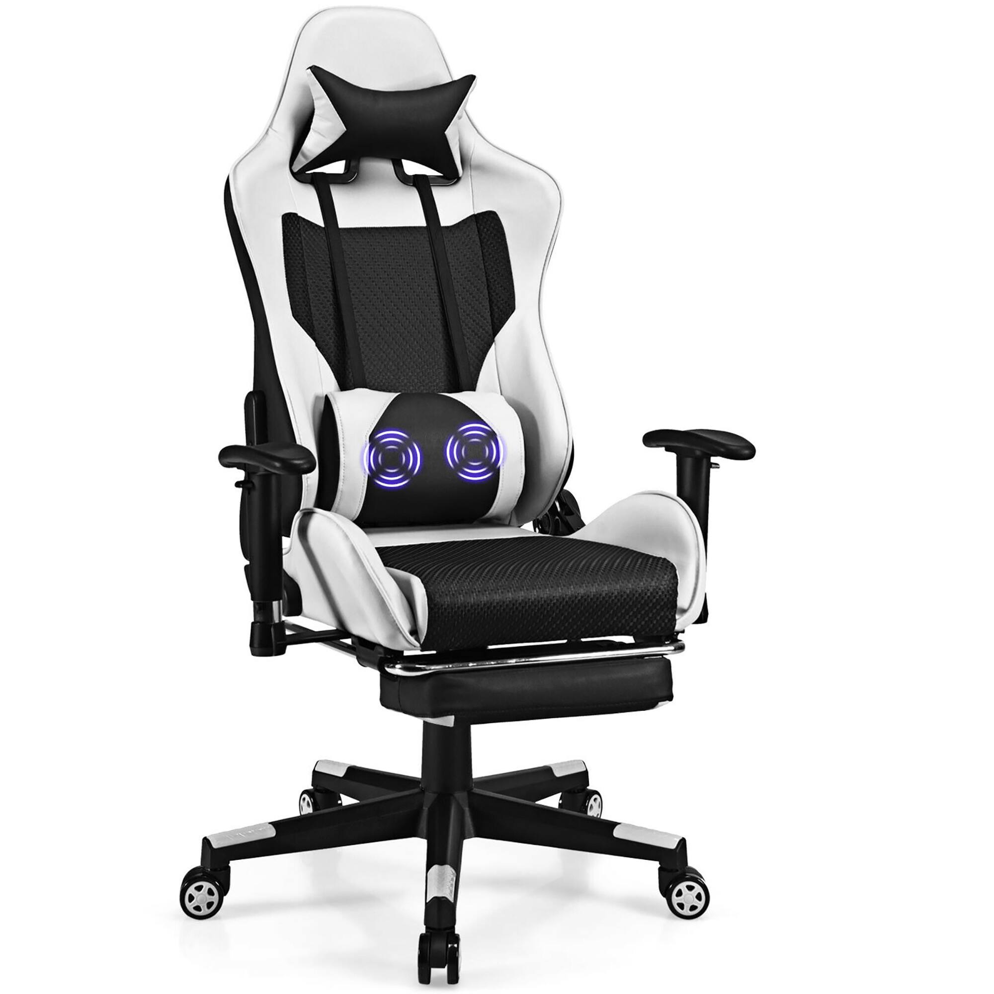 Costway - Massage Gaming Chair Reclining Office Chair with Footrest - White + Black