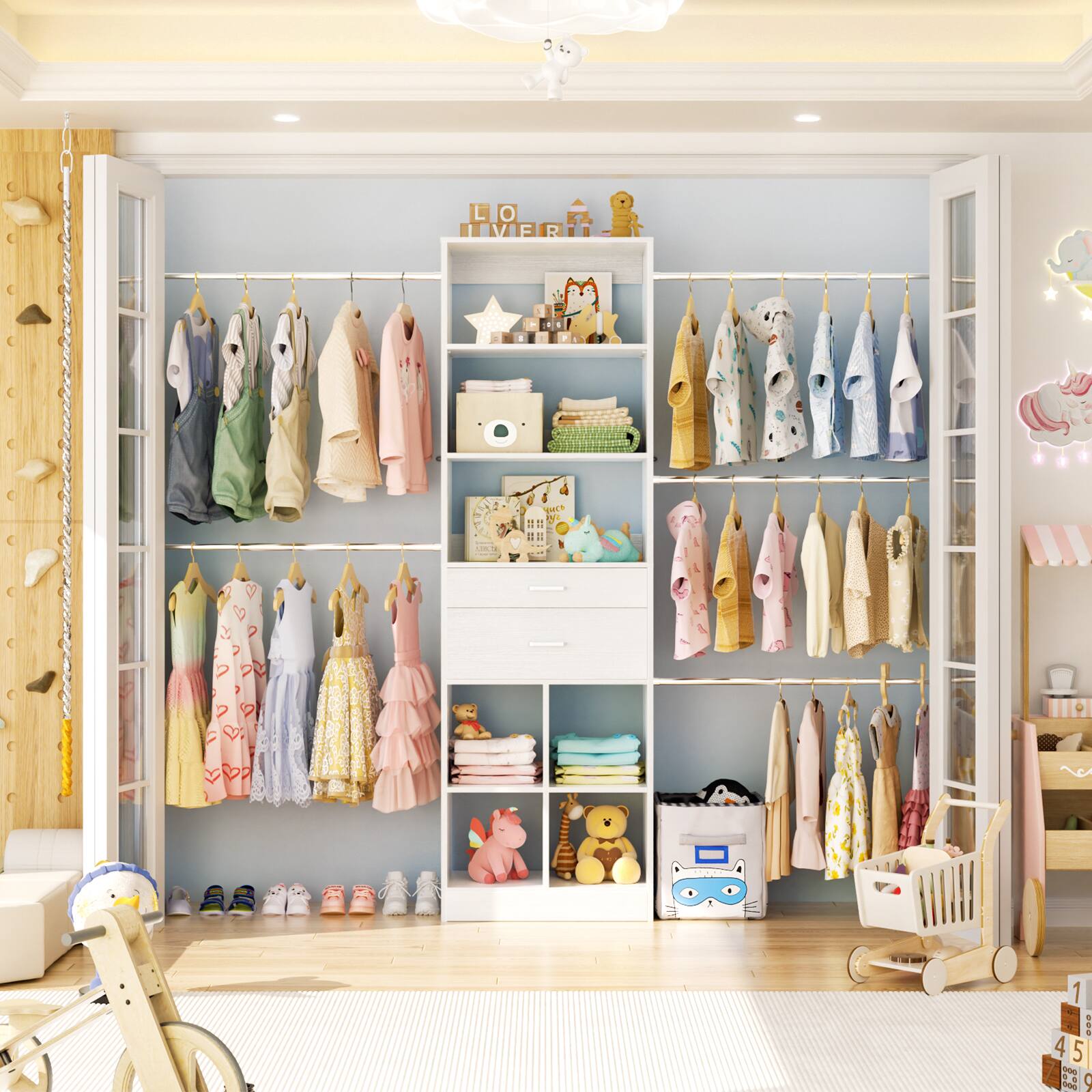 Angle. Aheaplus - 4-8 FT Walk-in Closet Organizer with 2 Wood Drawers, 5 Hang Rods & Built-in Shelves - Fits 60-96'' Closets - White.