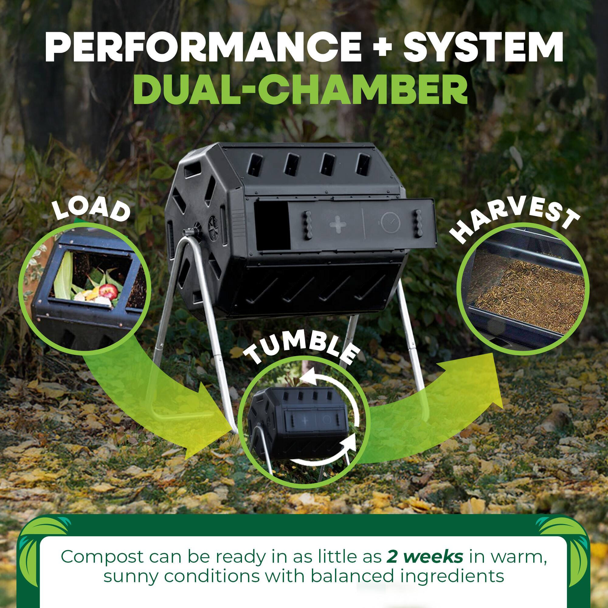 PERFORMANCE + SYSTEM  
DUAL-CHAMBER  

LOAD  
TUMBLE  
HARVEST  

Compost can be ready in as little as 2 weeks in warm, sunny conditions with balanced ingredients