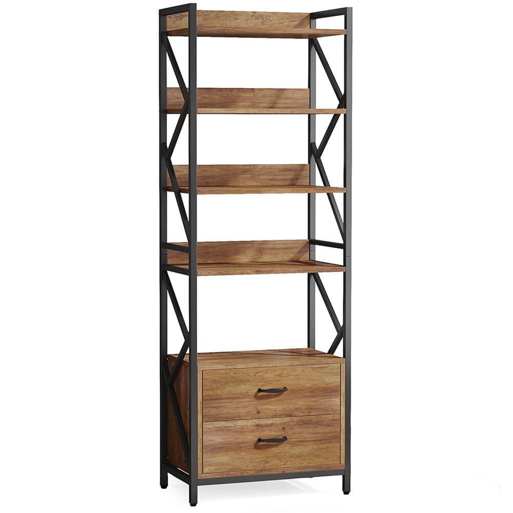 Front. Kadyn - Kadyn Bookshelf, Storage Shelf, Bookcase,70.86" Bookshelf, Industrial 5-Tier Bookcase with 2 Drawers - Brown.