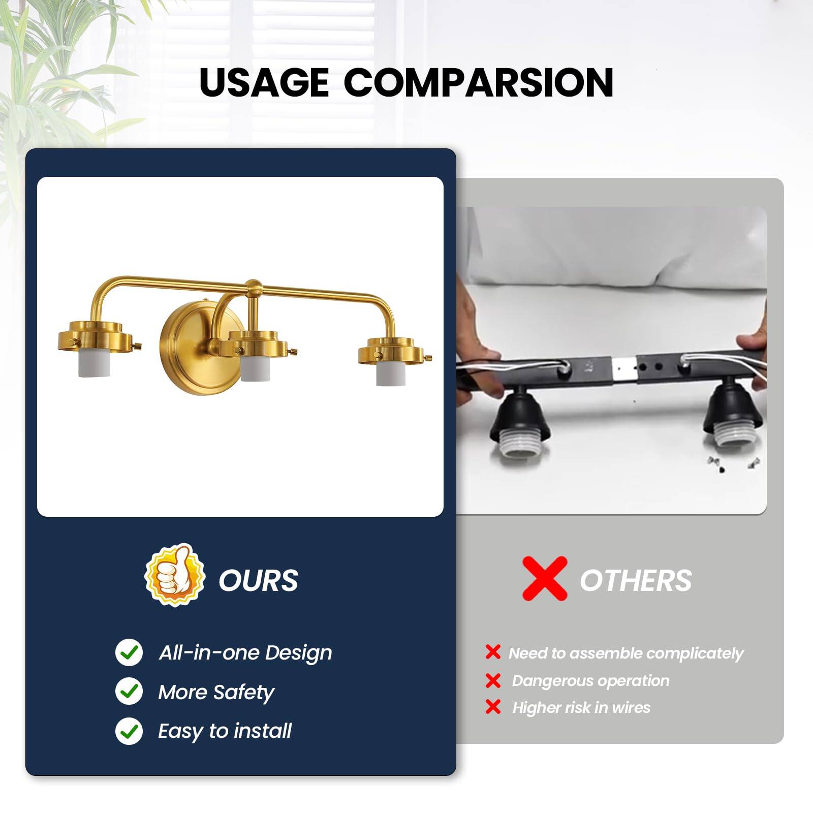 **USAGE COMPARISON**

**OURS**

- All-in-one Design
- More Safety
- Easy to install

**OTHERS**

- Need to assemble complicatedly
- Dangerous operation
- Higher risk in wires