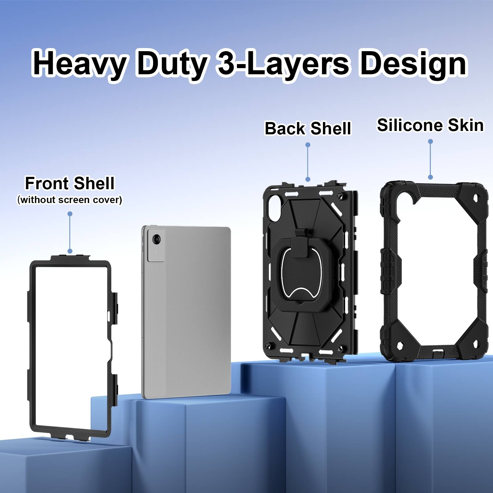 Heavy Duty 3-Layers Design

- Front Shell (without screen cover)
- Back Shell
- Silicone Skin