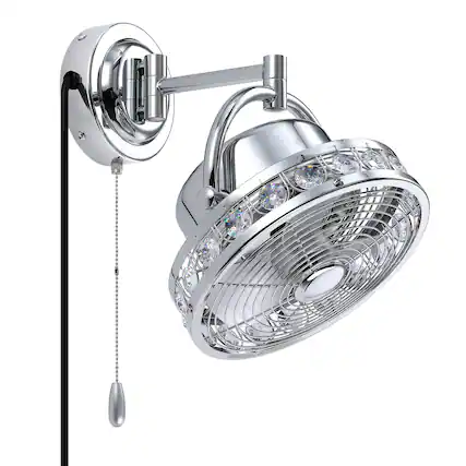 Front. Parrot Uncle - 10" Modern Chrome 3-Blade Crystal Wall Mount Fan with Pull Chain - Chrome.