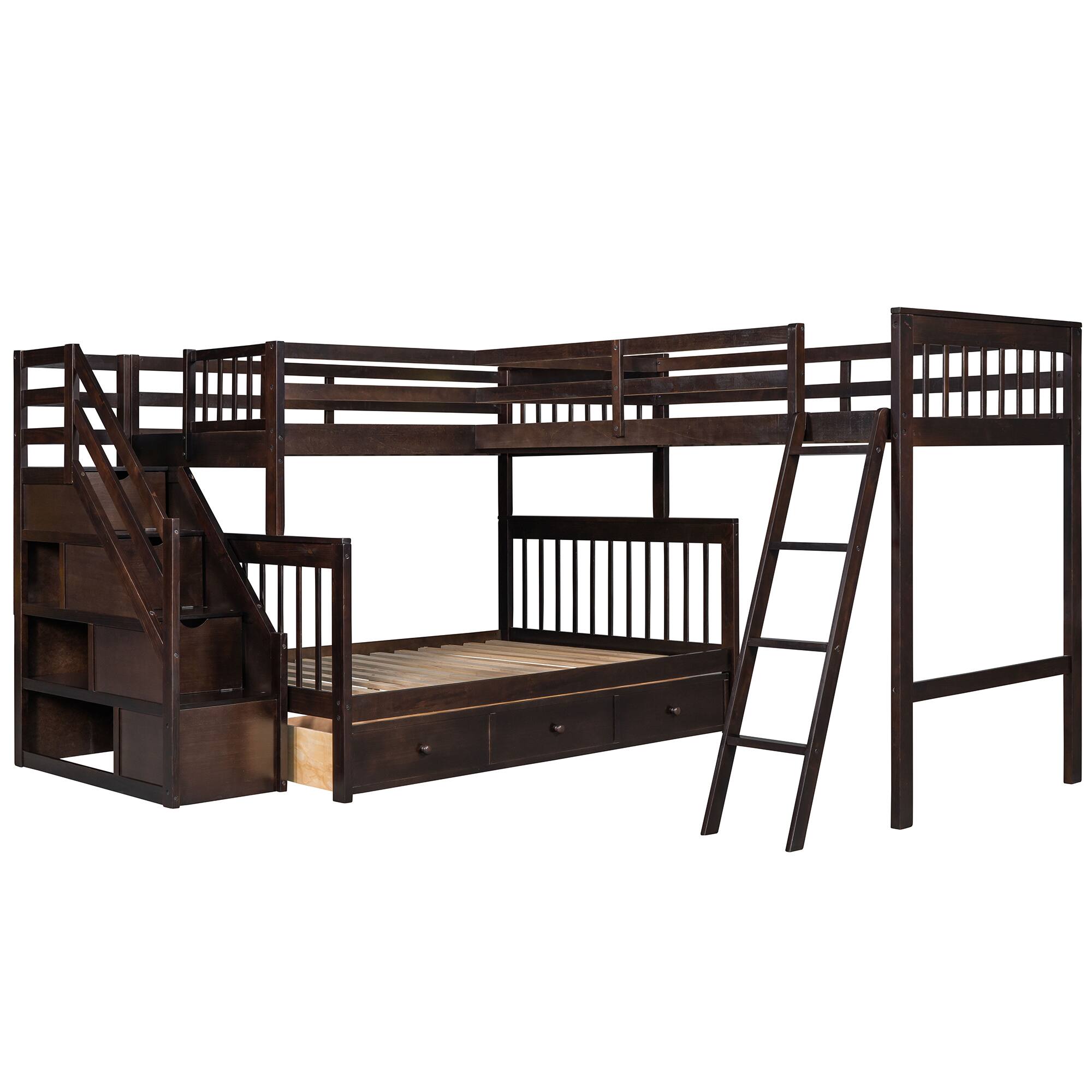 Alt View 1. Tiramisubest - Twin over Full L-Shaped Bunk Bed w/ 3 Drawers, Ladder & Staircase - Espresso: Max Space, Solid Build, Safe Design - Espresso.