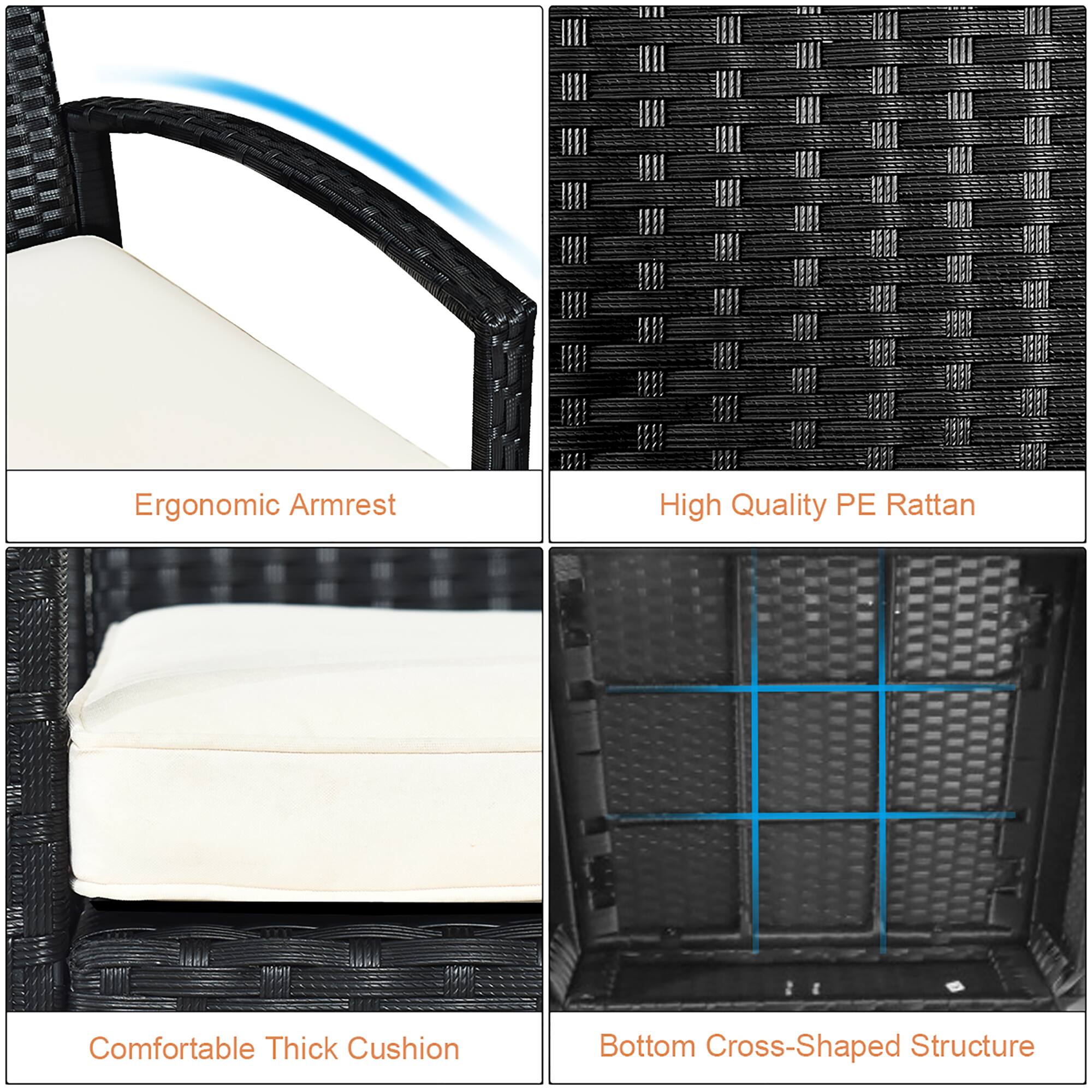 Ergonomic Armrest, High Quality PE Rattan, Comfortable Thick Cushion, Bottom Cross-Shaped Structure