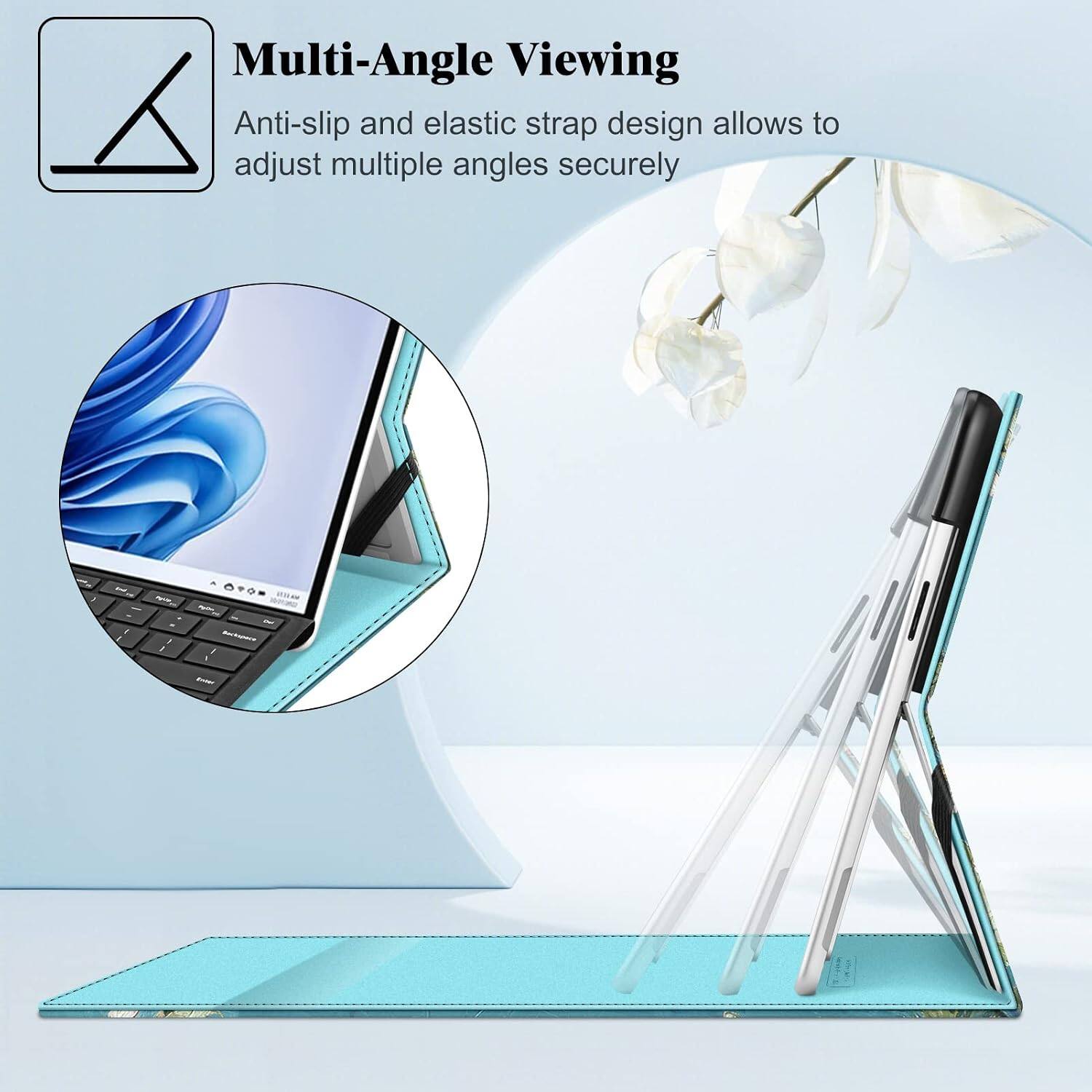 Multi-Angle Viewing  
Anti-slip and elastic strap design allows to adjust multiple angles securely