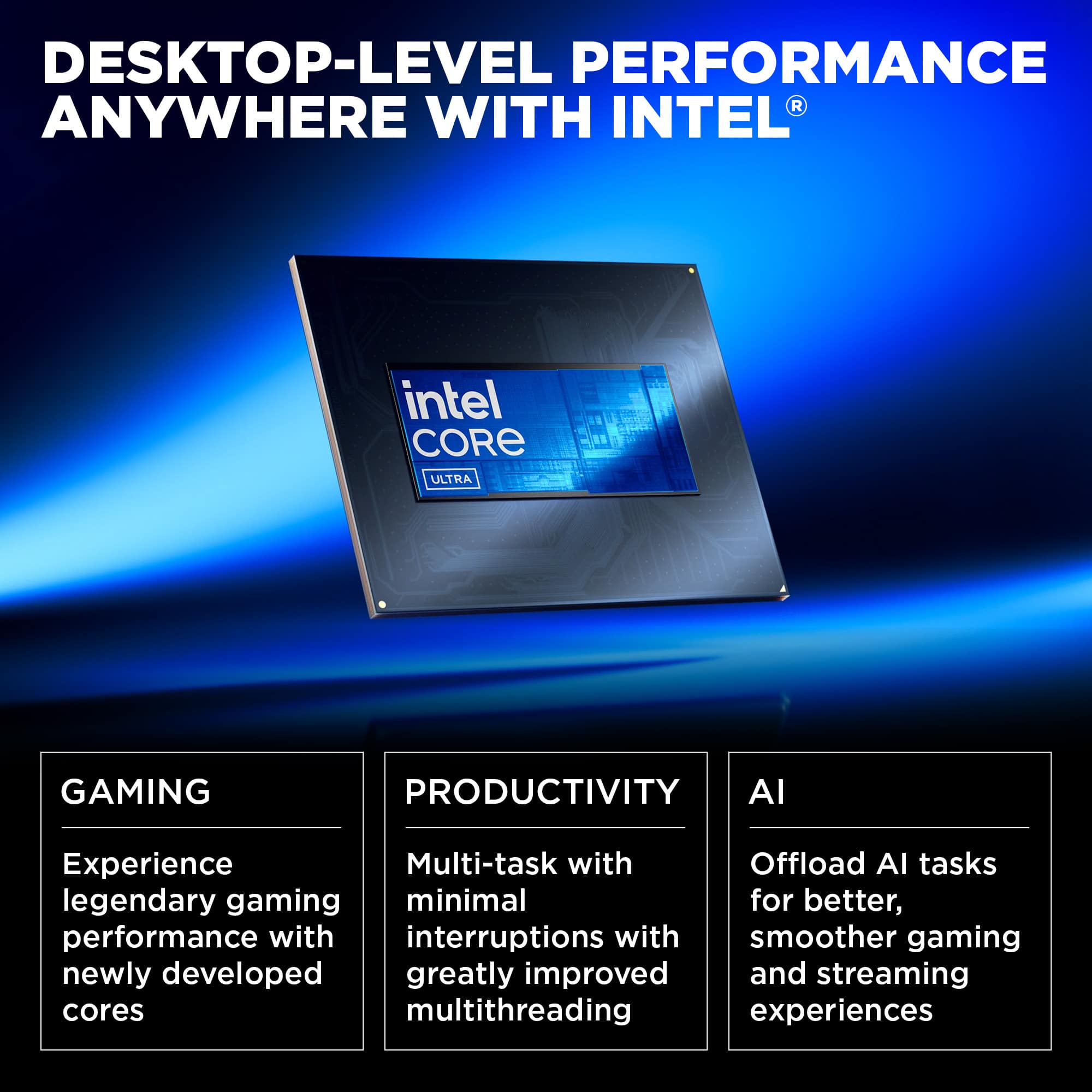 Desktop-Level Performance Anywhere with Intel: Intel Core Ultra Gaming, Productivity, AI, Experience, Multi-task with Offload AI tasks, legendary gaming, minimal for better performance with interruptions, smoother gaming, and newly developed, greatly improved and streaming cores multithreading experiences.