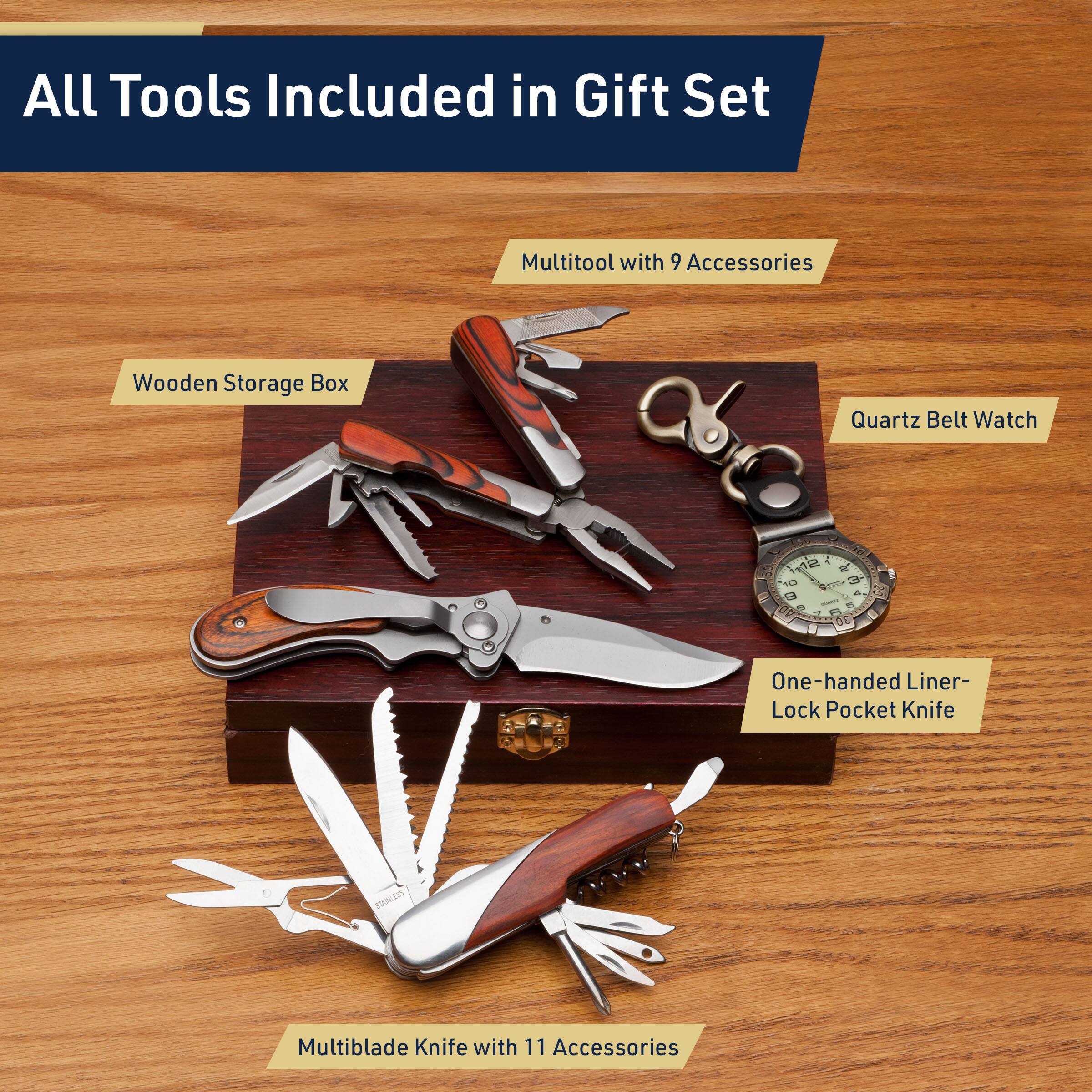 All Tools Included in Gift Set

- Multitool with 9 Accessories
- Wooden Storage Box
- Quartz Belt Watch
- One-handed Liner-Lock Pocket Knife
- Multiblade Knife with 11 Accessories