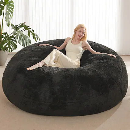 Front. JETRANSPORT - Bean Bag Chair Cover Waterproof Faux Only(no Filler) 5ft Round Beanbag With Pocket Big Giant Bags Covers - Charcoal Black (Cover Only) 5FT.