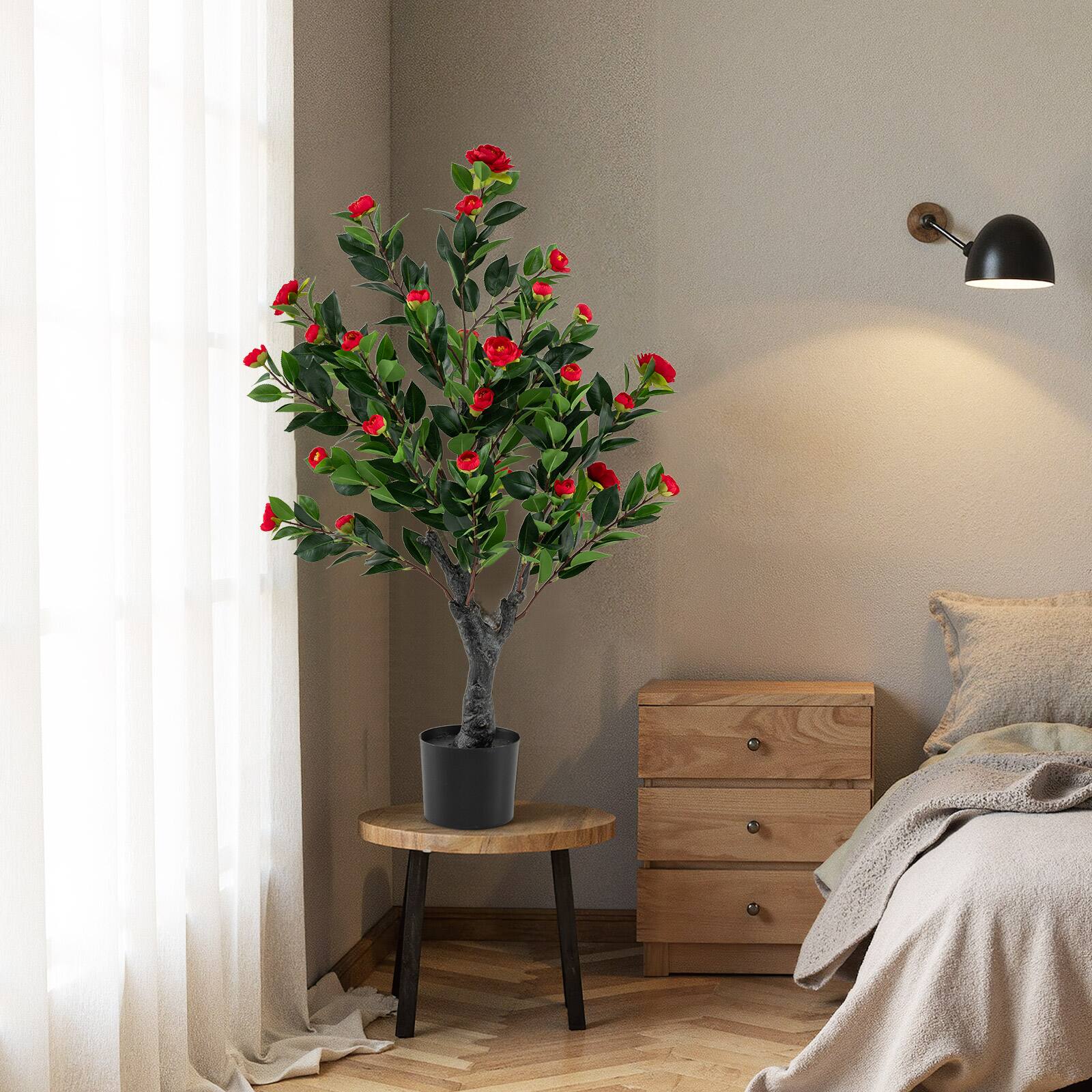 Alt View 4. Costway - Costway 39.5" Artificial Camellia Tree Set of 2 with 36 Red Blossom Fabric Flower for Home - Red+Green.