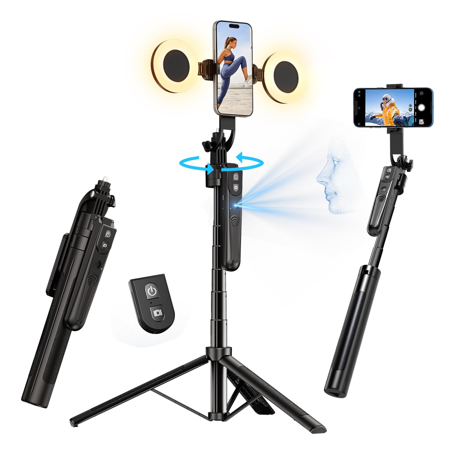 Front. VEGA AUTOMOTIVE - 9 Auto Face Tracking Selfie Stick Tripod For With Light No App Rotation That Follows Your Movement Remote C... - Default.