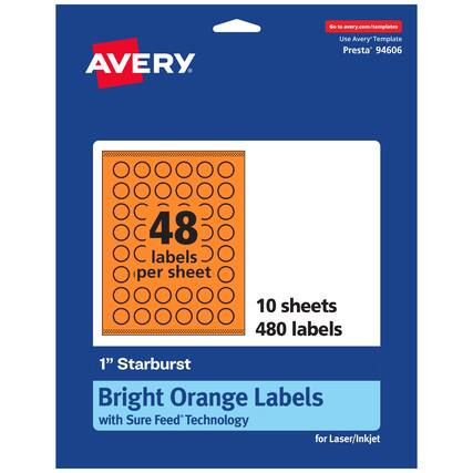 Go to avery.com/templates
Use Avery Template Presta* 94606
48 labels per sheet
10 sheets
480 labels
1" Starburst
Bright Orange Labels
with Sure Feed Technology
for Laser/Inkjet