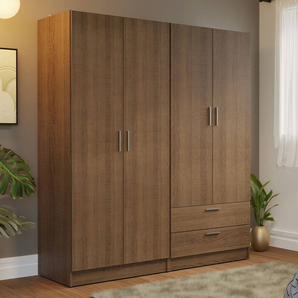 Angle. Madesa - MADESA 4 Doors 2 Drawers Wardrobe Set with Shelves and Hanging Space 63"L - Rustic - Brown.